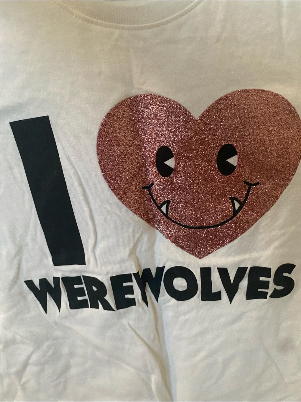 Justice White Tee with Glittery Pink Heart Werewolf Graphic